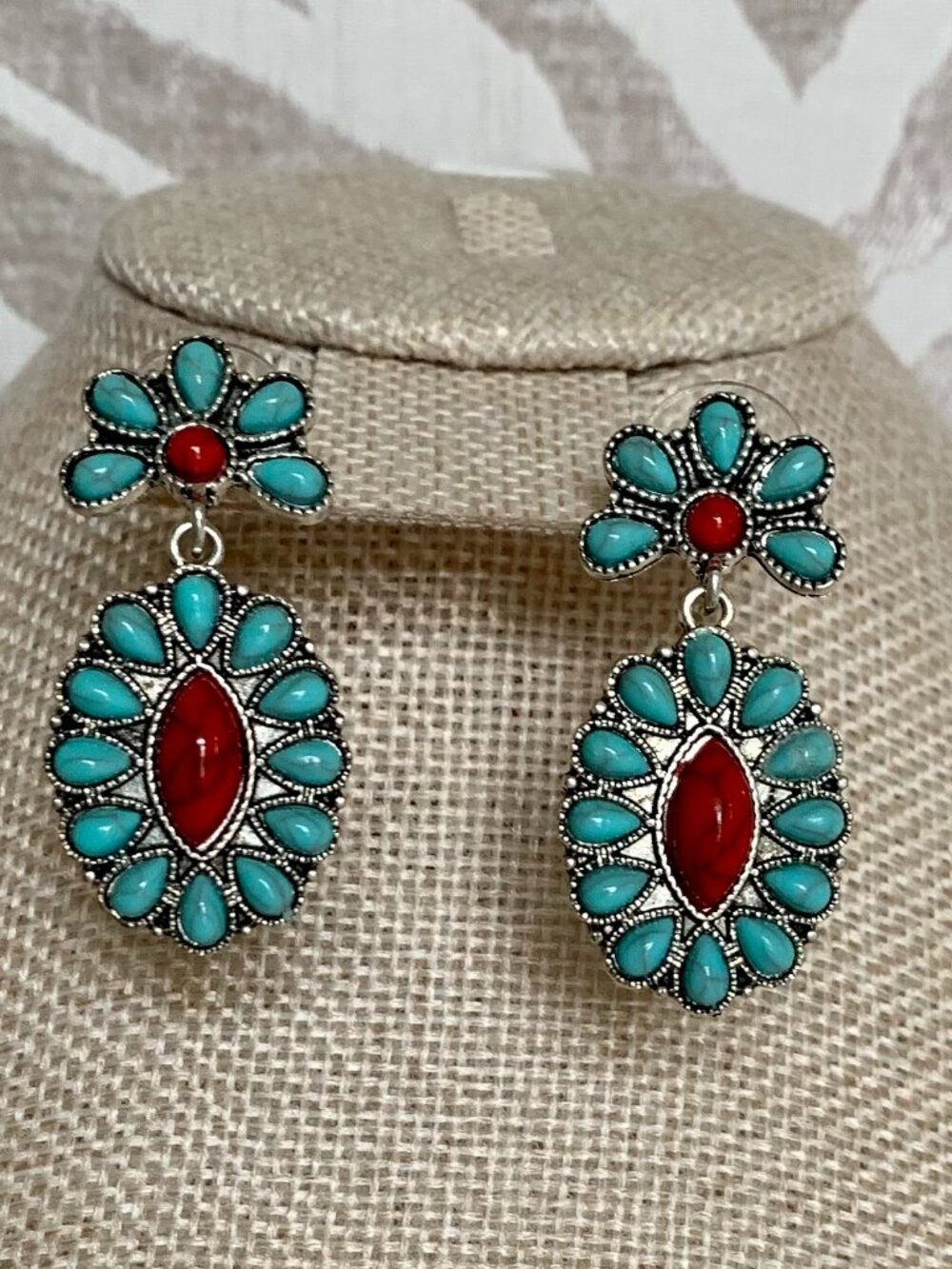 Boho Cowgirl Turquoise Red Concho Flower Dangle Earrings